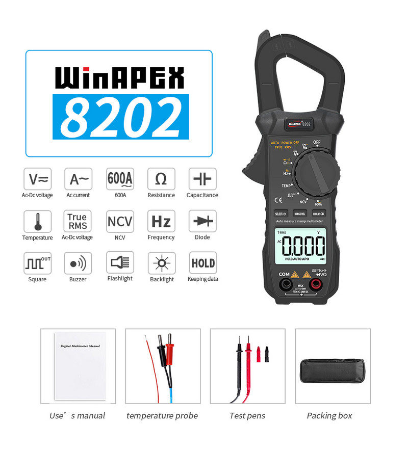 WinAPEX 8202/8203 Kliešťový merač AC/DC Digitálny prúdový kliešťový multimeter s automatickým rozsahom