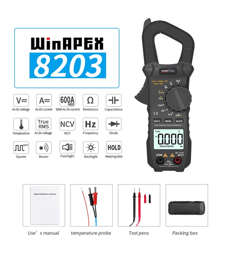 WinAPEX 8202/8203 Kliešťový merač AC/DC Digitálny prúdový kliešťový multimeter s automatickým rozsahom