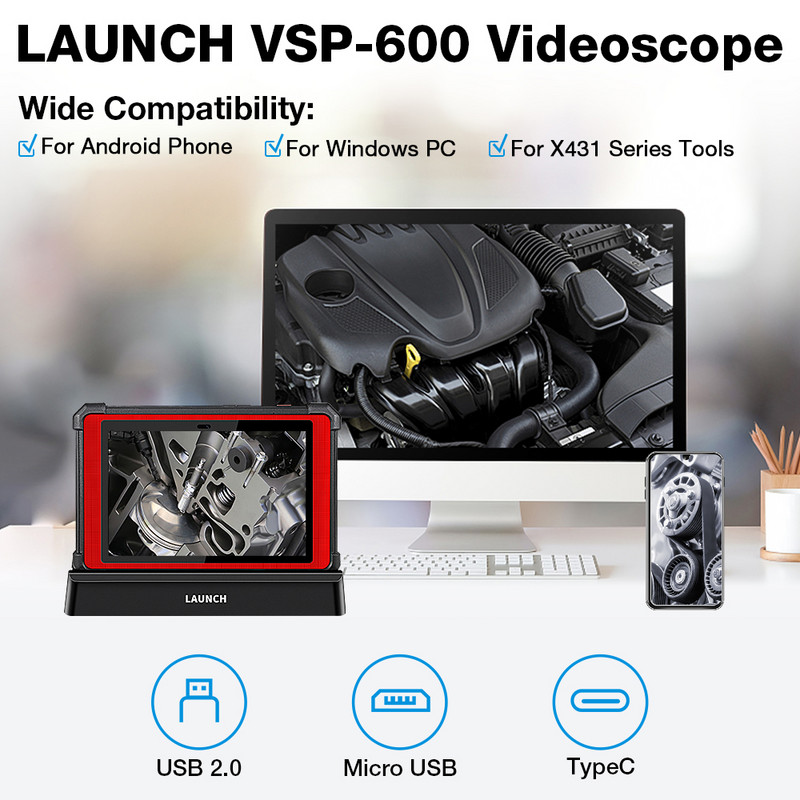 LAUNCH VSP600 Videoskopická kamera Endoskop Zrkadlo do auta Flexibilné IP67 Vodotesné 6LED Nastaviteľné pre X431 V/PRO3S+/PAD V