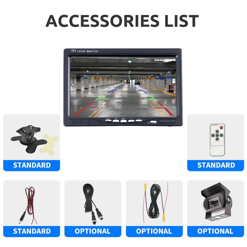 MJDOUD 7-инчов монитор за охранителна камера Универсален 7-инчов HD екран Монитор за кола 1024*600 Задна камера за помощ при паркиране с монитор