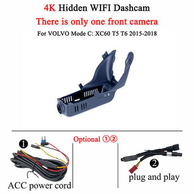 Skirta „Volvo XC60 2015–2018“ priekinė ir galinė 4K prietaisų skydelio kamera, skirta automobilio kameros įrašymo įrenginiui, prietaisų skydelio kamerai, WIFI automobiliui DVR įrašymo įrenginiai, priedai