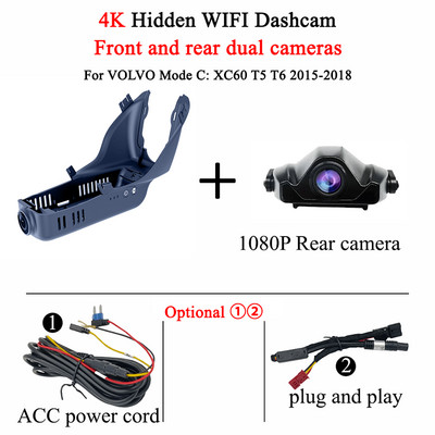 Skirta „Volvo XC60 2015–2018“ priekinė ir galinė 4K prietaisų skydelio kamera, skirta automobilio kameros įrašymo įrenginiui, prietaisų skydelio kamerai, WIFI automobiliui DVR įrašymo įrenginiai, priedai