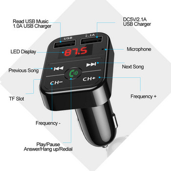 Автомобилен Bluetooth 5.0 FM трансмитер Безжичен хендсфри аудио приемник Автоматичен MP3 плейър 2.1A Dual USB бързо зарядно Аксесоари за кола