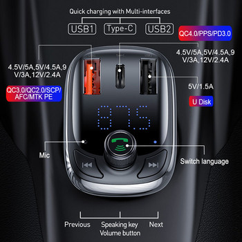 Baseus FM Transmitter Quick Charge 4.0 3.0 QC4.0 QC Fast USB Car Charger Handsfree Bluetooth 5.0 Car Kit MP3 Player FM Modulator