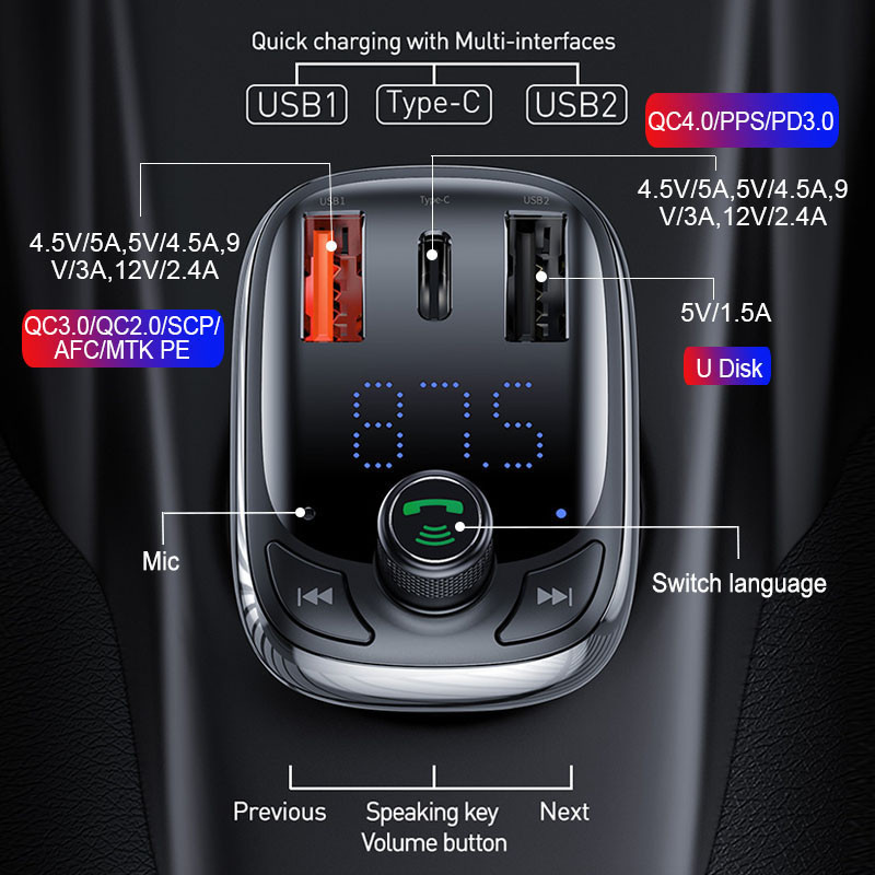 Transmițător FM Baseus Încărcare rapidă 4.0 3.0 QC4.0 QC Încărcător rapid USB pentru mașină Mâini libere Bluetooth 5.0 Kit mașină Player MP3 Modulator FM