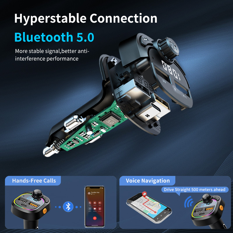 Nou încărcător dublu USB pentru mașină Bluetooth 5.0 Transmițător FM pentru mașină Radio Mâini libere Player Mp3 Modulator de lumini colorate
