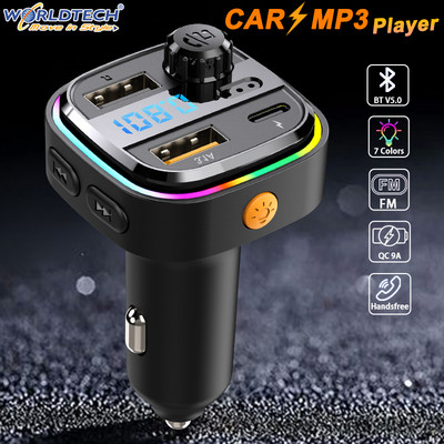 Worldtech FM Transmitter Bluetooth 5.0 Coche Handsfree Car Kit Audio Mp3 Player Dual Usb Fast Charger Auto FM Modulator Adapter