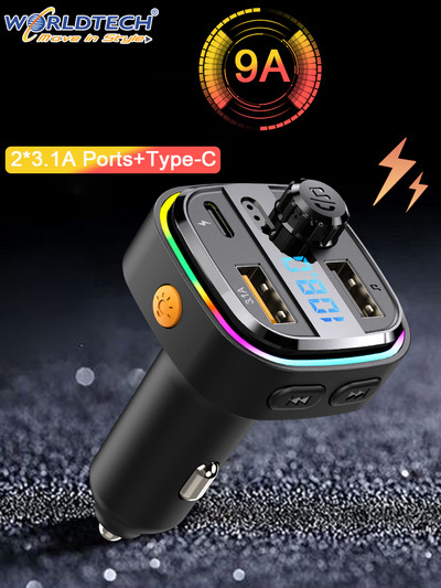 Transmițător FM Worldtech Bluetooth 5.0 Coche Kit auto Mâini libere Audio Mp3 Player Încărcător rapid USB dublu Adaptor modulator FM automat