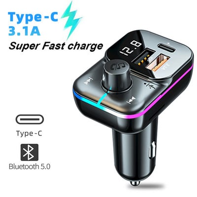 Încărcător auto dublu USB Transmițător FM Adaptor Bluetooth PD 25W Încărcător rapid Mâini libere Stereo Mp3 Music Player Lumini colorate