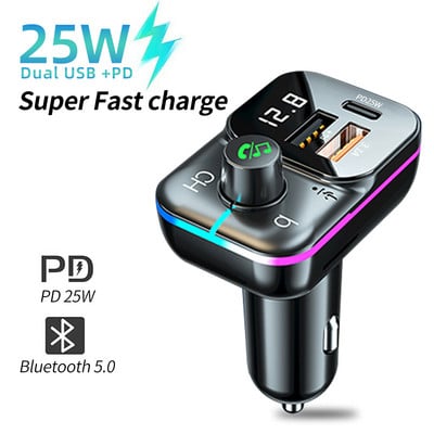 Încărcător auto dublu USB Transmițător FM Adaptor Bluetooth PD 25W Încărcător rapid Mâini libere Stereo Mp3 Music Player Lumini colorate