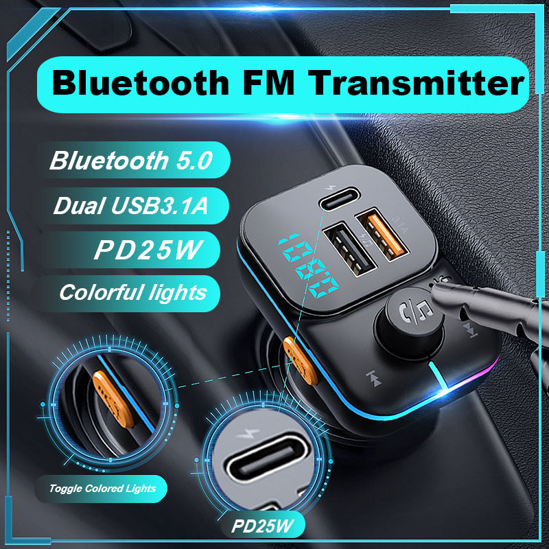 Încărcător auto dublu USB Transmițător FM Adaptor Bluetooth PD 25W Încărcător rapid Mâini libere Stereo Mp3 Music Player Lumini colorate