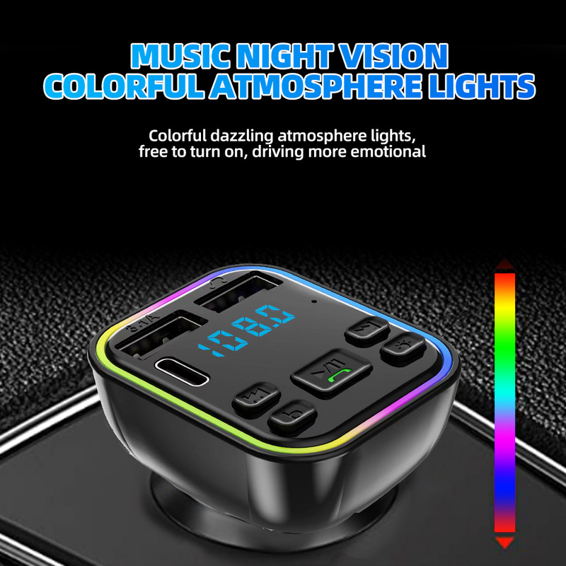 Autós Bluetooth 5.0 FM adó PD Type-C Dual USB 3.1A gyorstöltő Színes környezeti fény kihangosító MP3 modulátor lejátszó