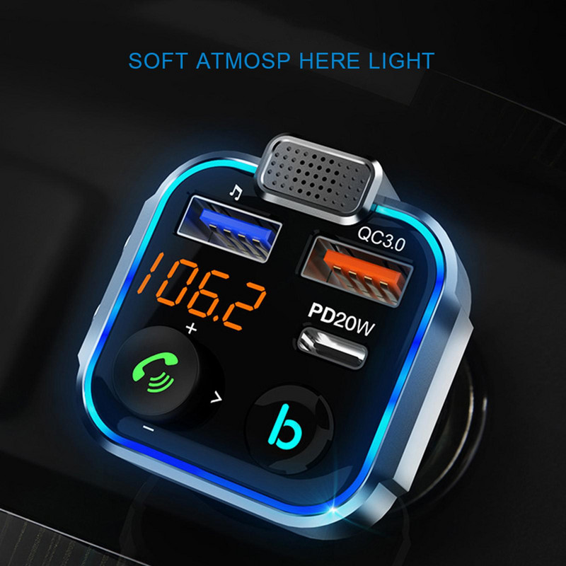 Αυτοκίνητο Bluetooth 5.0 Πομπός FM One Key Bass Mp3 Player Μεγάλο μικρόφωνο USB Αναπαραγωγή μουσικής Γρήγορος φορτιστής QC3.0 PD20W