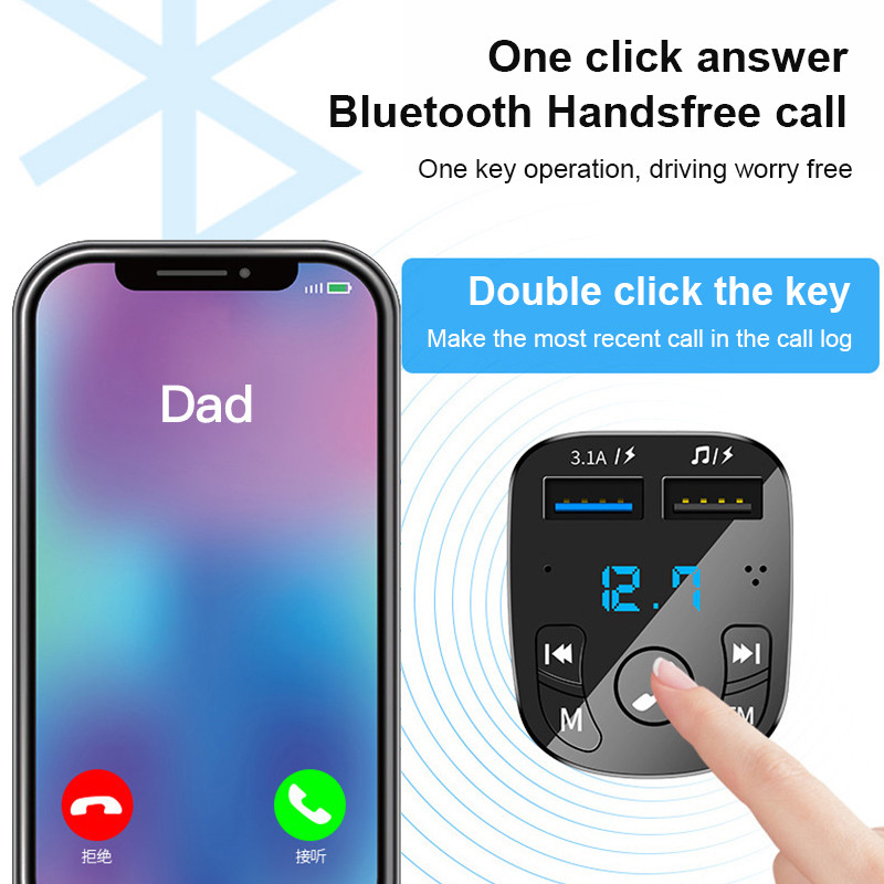 3.1A Brzi punjač za automobil Brzi punjač 2USB FM odašiljač Bežični auto punjač za telefon Bluetooth MP3 Glazba AUX Player Handsfree