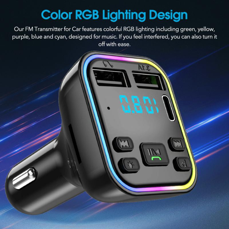 Autós Bluetooth 5.0 FM adó színes környezeti fény PD Type-C Dual USB 3.1A gyorstöltő kihangosító MP3 modulátor lejátszó