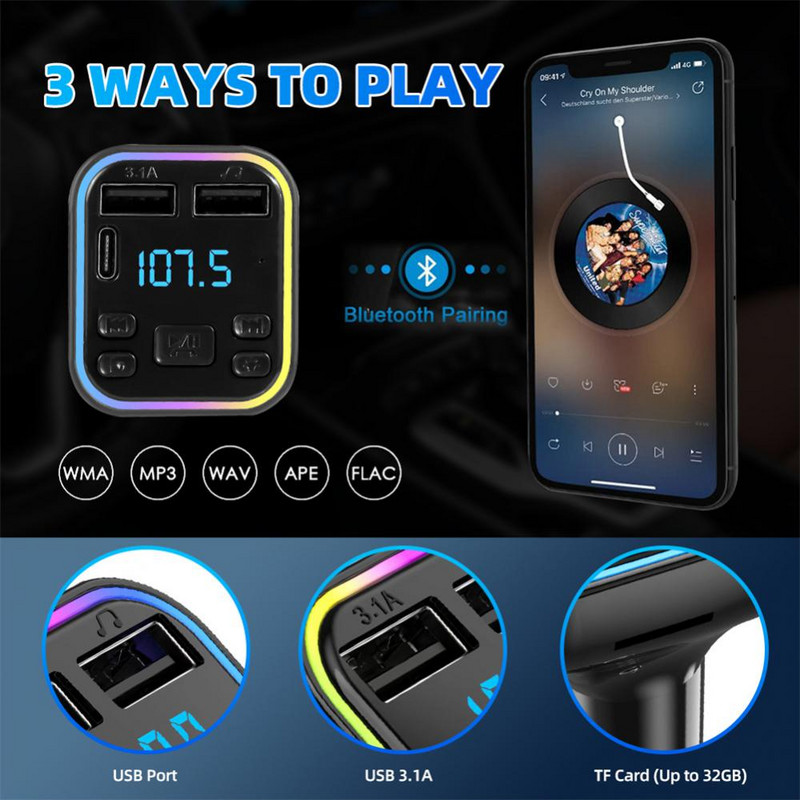 Autós Bluetooth 5.0 FM adó színes környezeti fény PD Type-C Dual USB 3.1A gyorstöltő kihangosító MP3 modulátor lejátszó
