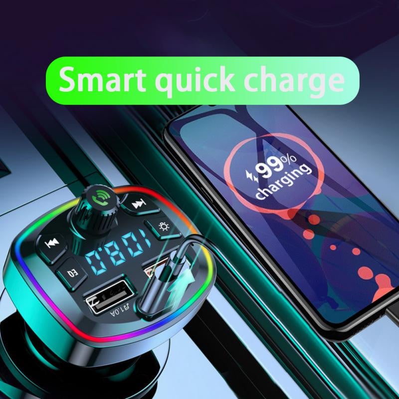 3.1A Q7 autós Bluetooth 5.0 FM adó Kettős USB Type-C töltő MP3 lejátszó formátum U lemez TF kártya veszteségmentes zenei légkör fény