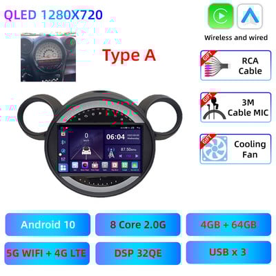 9 "QLED Car Multimedia Radio Palyer pentru BMW Mini Cooper R56 R60 R51 2006 - 2015 Carplay Android GPS Navigare Unitate principală Cameră