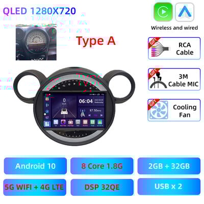 9 "QLED Car Multimedia Radio Palyer pentru BMW Mini Cooper R56 R60 R51 2006 - 2015 Carplay Android GPS Navigare Unitate principală Cameră