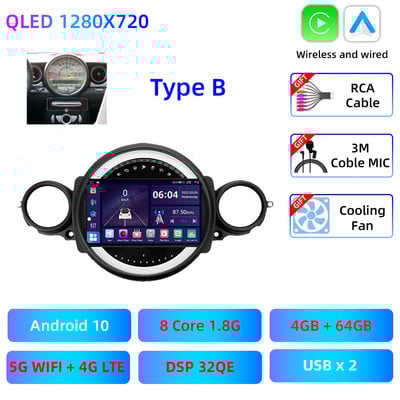 9 "QLED Car Multimedia Radio Palyer pentru BMW Mini Cooper R56 R60 R51 2006 - 2015 Carplay Android GPS Navigare Unitate principală Cameră