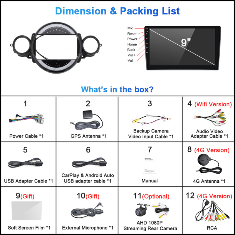 9 "QLED Car Multimedia Radio Palyer pentru BMW Mini Cooper R56 R60 R51 2006 - 2015 Carplay Android GPS Navigare Unitate principală Cameră