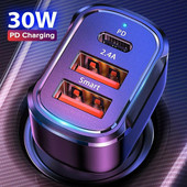 Încărcător auto USB PD 30W 3 porturi USB tip C Încărcare rapidă pentru iPhone 12 Xiaomi Huawei Samsung Adaptor încărcător telefon în mașină