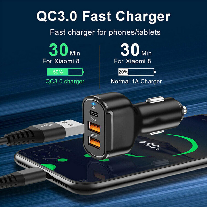 Încărcător auto USB PD 30W 3 porturi USB tip C Încărcare rapidă pentru iPhone 12 Xiaomi Huawei Samsung Adaptor încărcător telefon în mașină