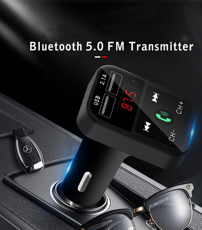 Bluetooth 5.0 FM трансмитер Безжично хендсфри MP3 аудио музикален плейър Автомобилен двоен USB 2.1A бързо зарядно Радио модулатор