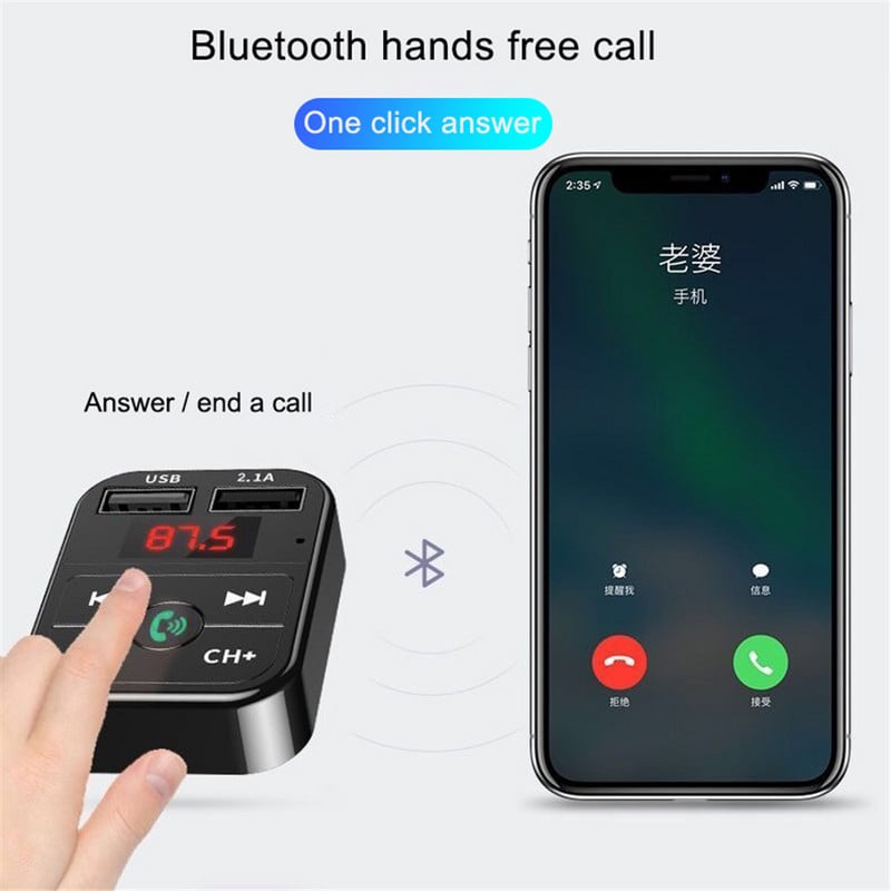 Bluetooth 5.0 FM adó vezeték nélküli kihangosító MP3 audio zenelejátszó autós Dual USB 2.1A gyorstöltő rádiómodulátor