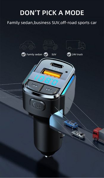 Bluetooth 5.0 FM πομπός USB Flash Drive Car Mp3 Player Τύπος C Usb 3.1A Φορτιστής τηλεφώνου γρήγορης φόρτισης Handsfree Αυτοκίνητο