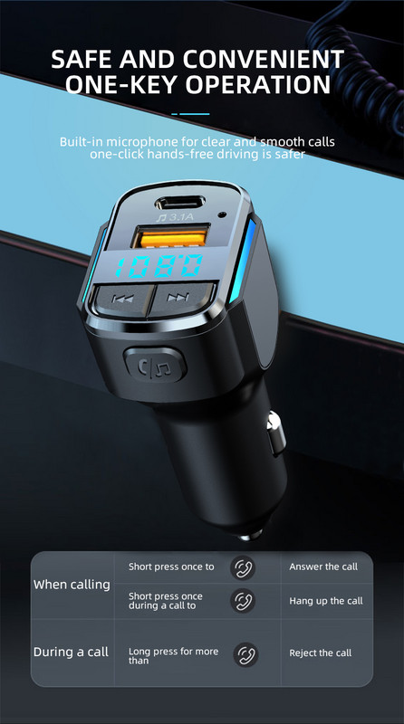 Transmițător FM Bluetooth 5.0 Unitate flash USB pentru mașină Player Mp3 tip C Usb 3.1A Încărcare rapidă pentru telefon Încărcător Mâini libere pentru mașină