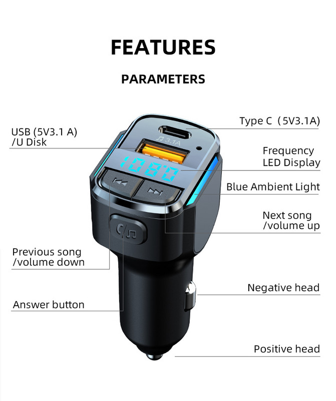 Transmițător FM Bluetooth 5.0 Unitate flash USB pentru mașină Player Mp3 tip C Usb 3.1A Încărcare rapidă pentru telefon Încărcător Mâini libere pentru mașină