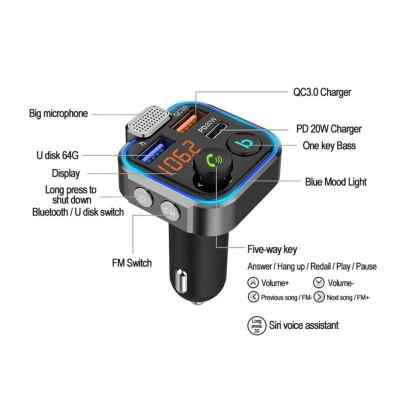 Transmițător FM Bluetooth 5.0 pentru mașină QC3.0 PD20W Încărcător rapid Microfon mare USB Redare muzică cu o singură tastă Bas Mp3 Player Auto Electroni