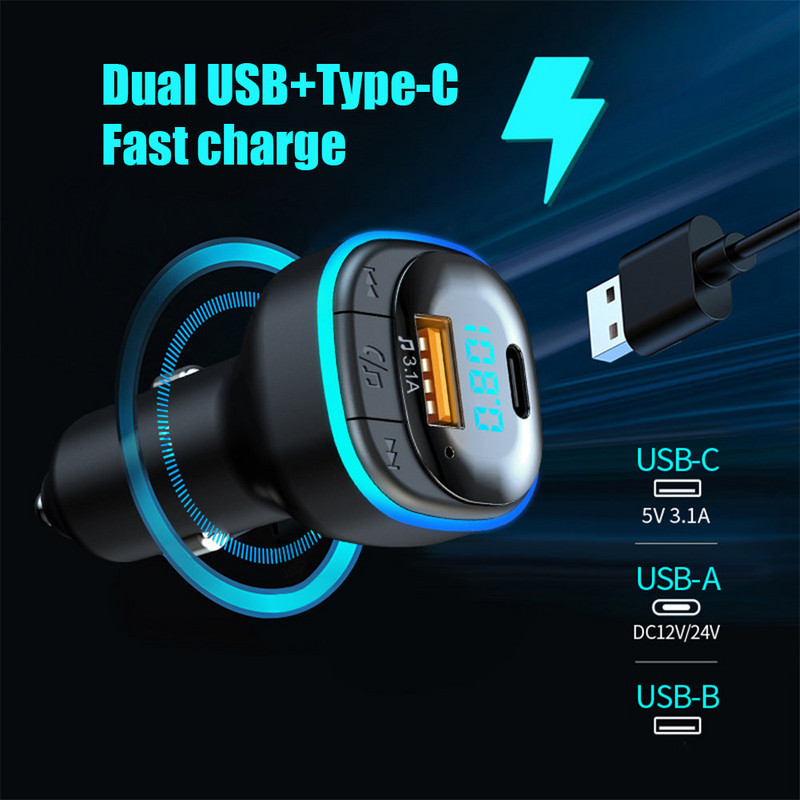 Încărcător auto Bluetooth 5.0 Încărcare rapidă USB tip C Încărcător telefon auto Transmițător FM Mâini libere Brichetă MP3 Music Player