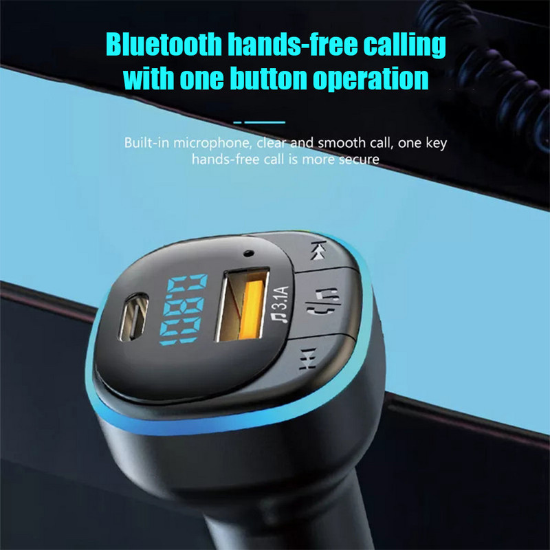 Încărcător auto Bluetooth 5.0 Încărcare rapidă USB tip C Încărcător telefon auto Transmițător FM Mâini libere Brichetă MP3 Music Player