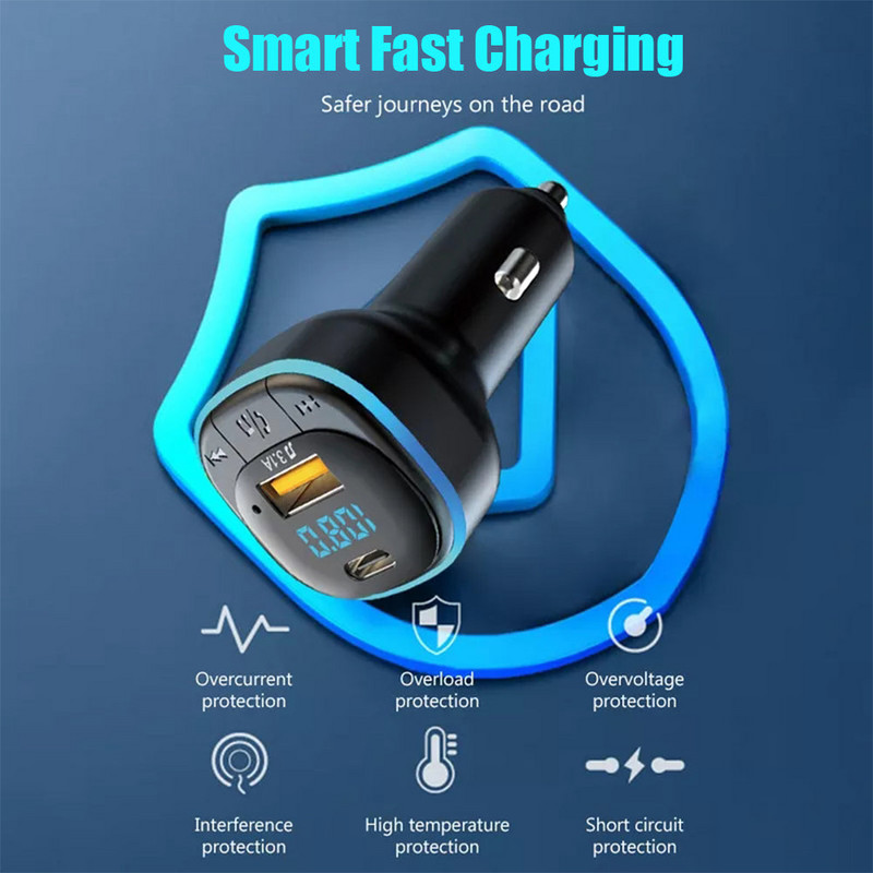 Încărcător auto Bluetooth 5.0 Încărcare rapidă USB tip C Încărcător telefon auto Transmițător FM Mâini libere Brichetă MP3 Music Player