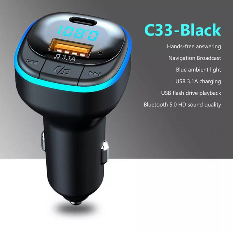 Încărcător auto Bluetooth 5.0 Încărcare rapidă USB tip C Încărcător telefon auto Transmițător FM Mâini libere Brichetă MP3 Music Player