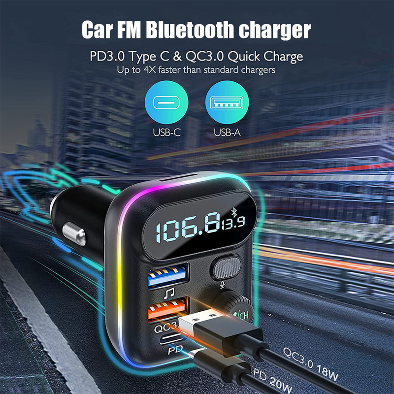 FM adó autós készlet audio Mp3 lejátszó Bluetooth 5.0 Type-C PD + QC3.0 USB gyorstöltő töltő FM modulátor Színes fények