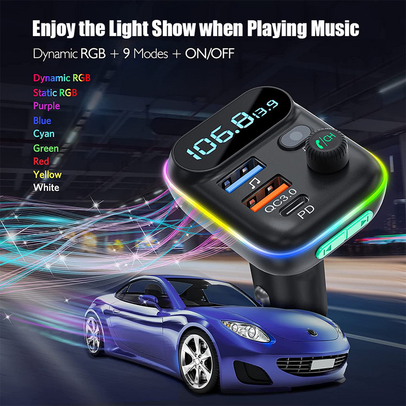 FM adó autós készlet audio Mp3 lejátszó Bluetooth 5.0 Type-C PD + QC3.0 USB gyorstöltő töltő FM modulátor Színes fények