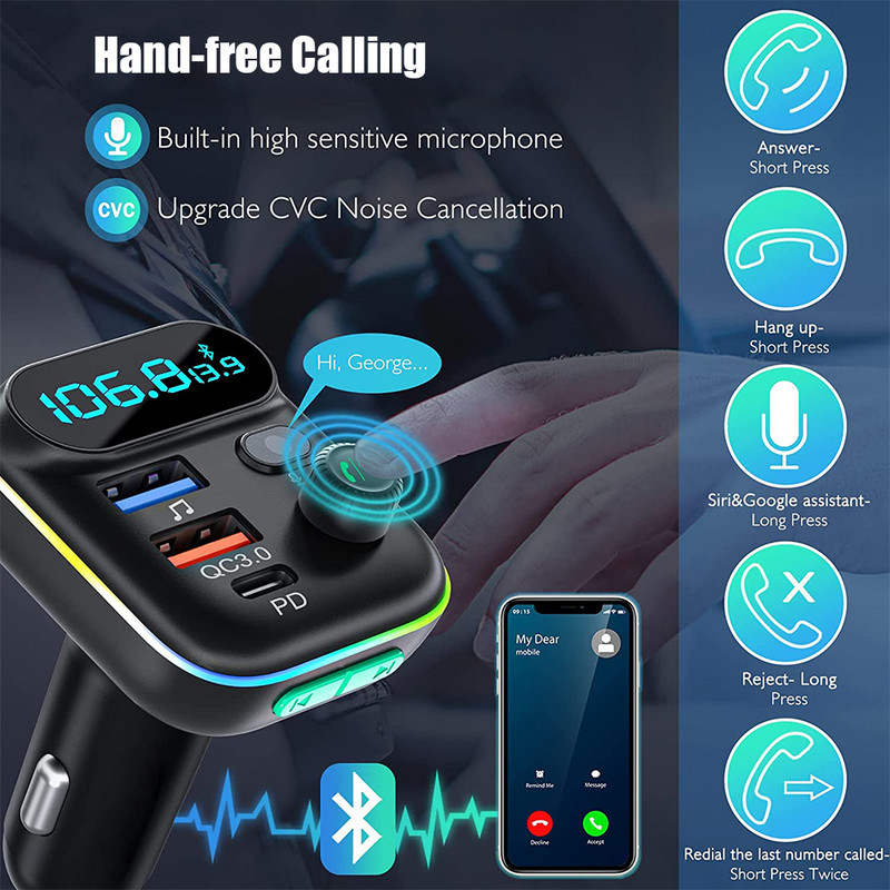 FM adó autós készlet audio Mp3 lejátszó Bluetooth 5.0 Type-C PD + QC3.0 USB gyorstöltő töltő FM modulátor Színes fények