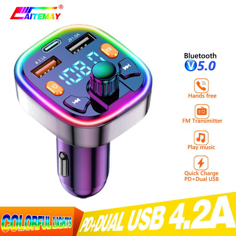 KEBUIDU Transmițător FM Microfon extern Dual USB PD Tip C Încărcare rapidă pentru mașină, Bluetooth 5.0, Mâini libere, Modulator FM pentru mașină
