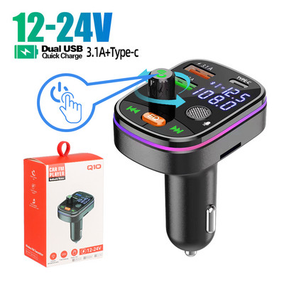 Bluetooth 5.0 autós FM adó Kettős USB 3.1A+Type-C autós töltő környezeti fény Kihangosító autós készlet MP3 lejátszó támogatás TF kártya XK