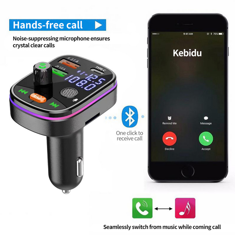 Bluetooth 5.0 Automobilski FM odašiljač Dual USB 3.1A+Type-C Automobilski punjač Ambijentalno svjetlo Handsfree Auto oprema Mp3 player Podrška TF kartica XK