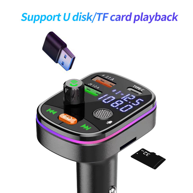 Bluetooth 5.0 Automobilski FM odašiljač Dual USB 3.1A+Type-C Automobilski punjač Ambijentalno svjetlo Handsfree Auto oprema Mp3 player Podrška TF kartica XK