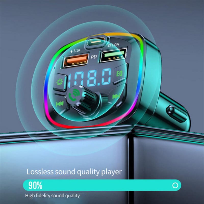 Autós FM adó Bluetooth-kompatibilis 5.0 Type-C Dual USB színes környezeti fény szivargyújtó kihangosító MP3 zenelejátszó