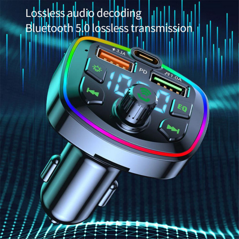 Autós FM adó Bluetooth-kompatibilis 5.0 Type-C Dual USB színes környezeti fény szivargyújtó kihangosító MP3 zenelejátszó