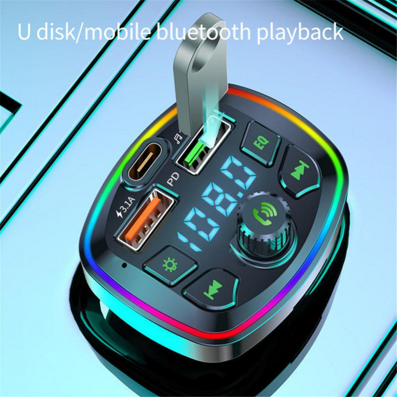 Autós FM adó Bluetooth-kompatibilis 5.0 Type-C Dual USB színes környezeti fény szivargyújtó kihangosító MP3 zenelejátszó