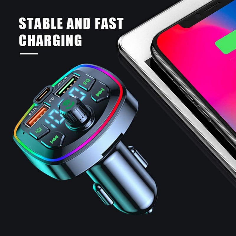 Autós FM adó Bluetooth-kompatibilis 5.0 Type-C Dual USB színes környezeti fény szivargyújtó kihangosító MP3 zenelejátszó