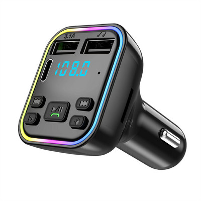 Automobilski FM odašiljač Bluetooth-5.0 Handsfree PD Type-C Dual USB 3.1A Brzi punjač MP3 player Modulator sa šarenim ambijentalnim svjetlom