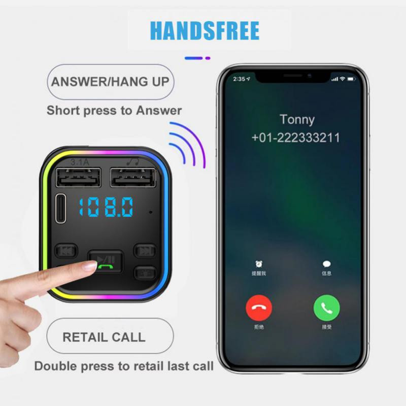 Automobilski FM odašiljač Bluetooth-5.0 Handsfree PD Type-C Dual USB 3.1A Brzi punjač MP3 player Modulator sa šarenim ambijentalnim svjetlom